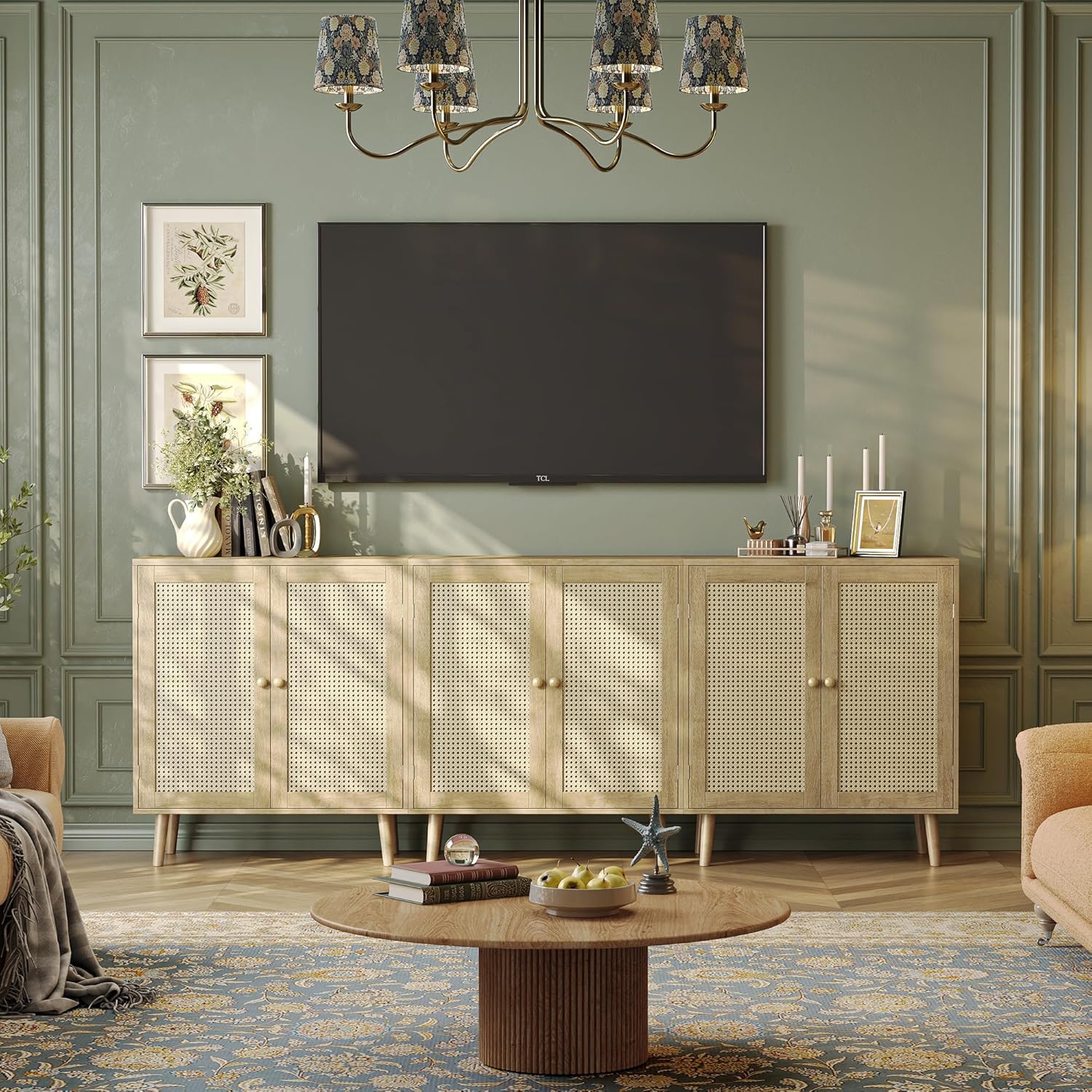 Furnny Rattan Cabinet with Storage Storage Cabinet with Rattan Decor Doors