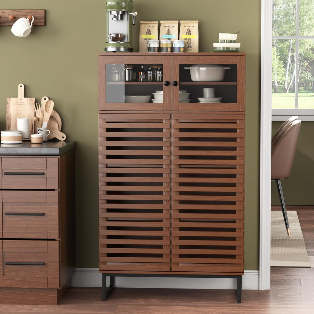 Furnny Walnut Slatted Door Cabinet  Storage Cabinet with Adjustable Shelves
