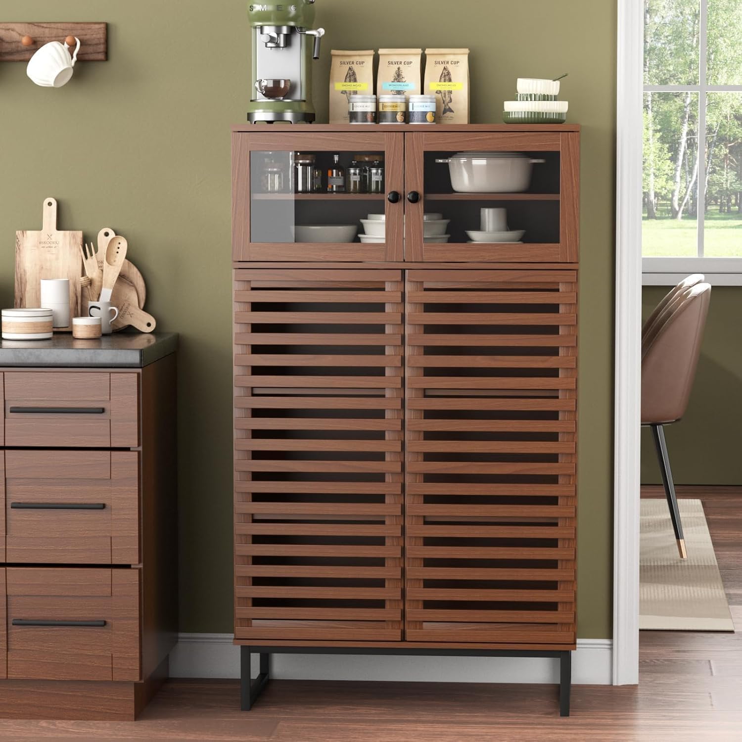 Furnny Walnut Slatted Door Cabinet  Storage Cabinet with Adjustable Shelves