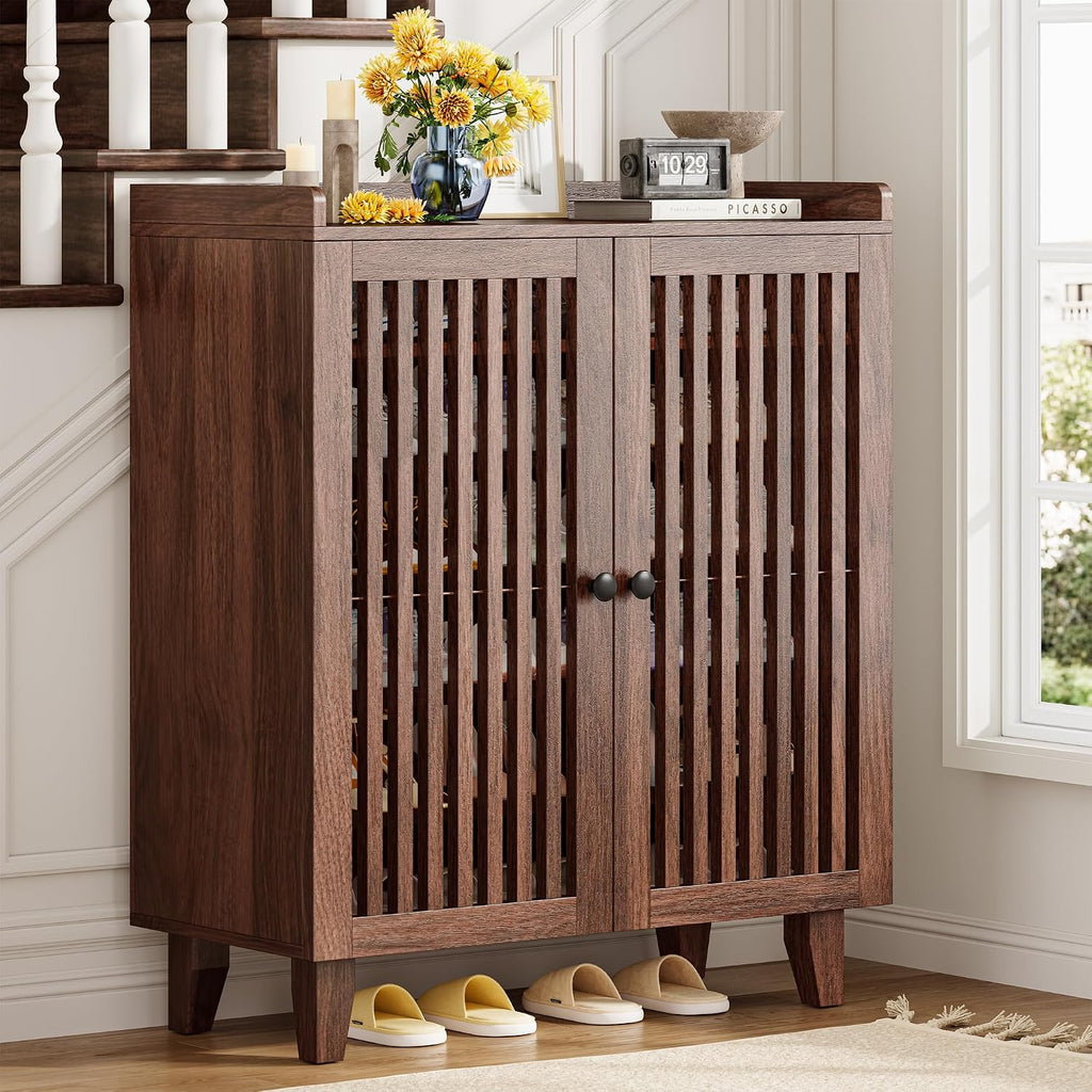 Furnny Walnut Slatted Door Shoe Cabinet 5/6-Tier Shoe Storage Shoe Rack