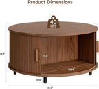 Furnny MS250 Walnut Sliding Door Round Coffee Table Mid Century Modern Storage Table for Living Room