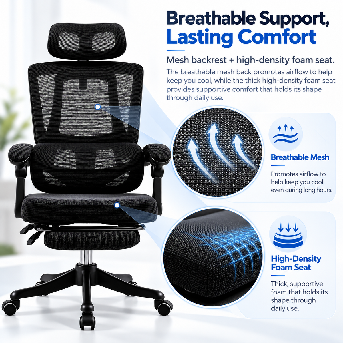 Furnny 8805 Ergonomic Office Chair with Footrest and 3-Level Adjustable Lumbar Support