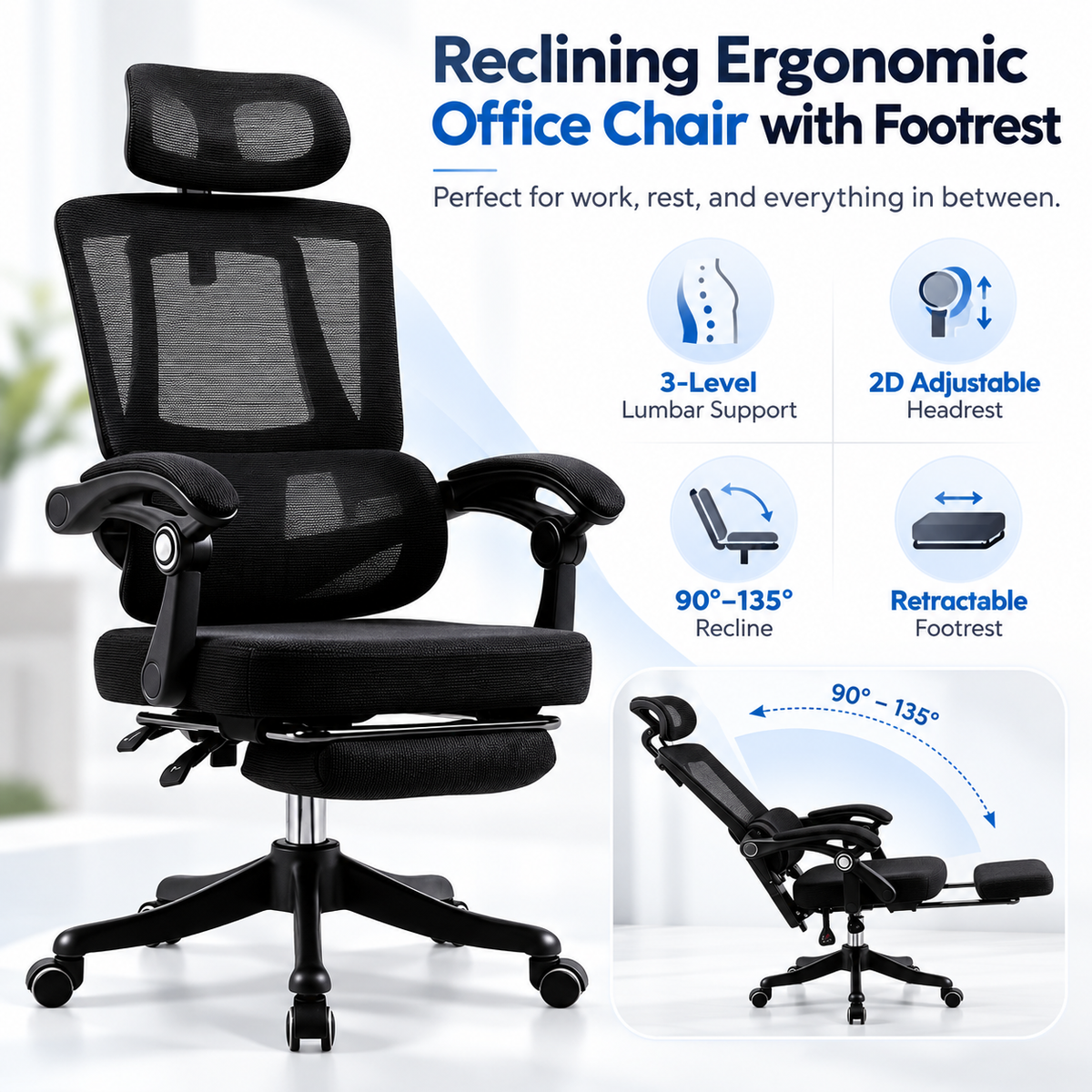 Furnny 8805 Ergonomic Office Chair with Footrest and 3-Level Adjustable Lumbar Support