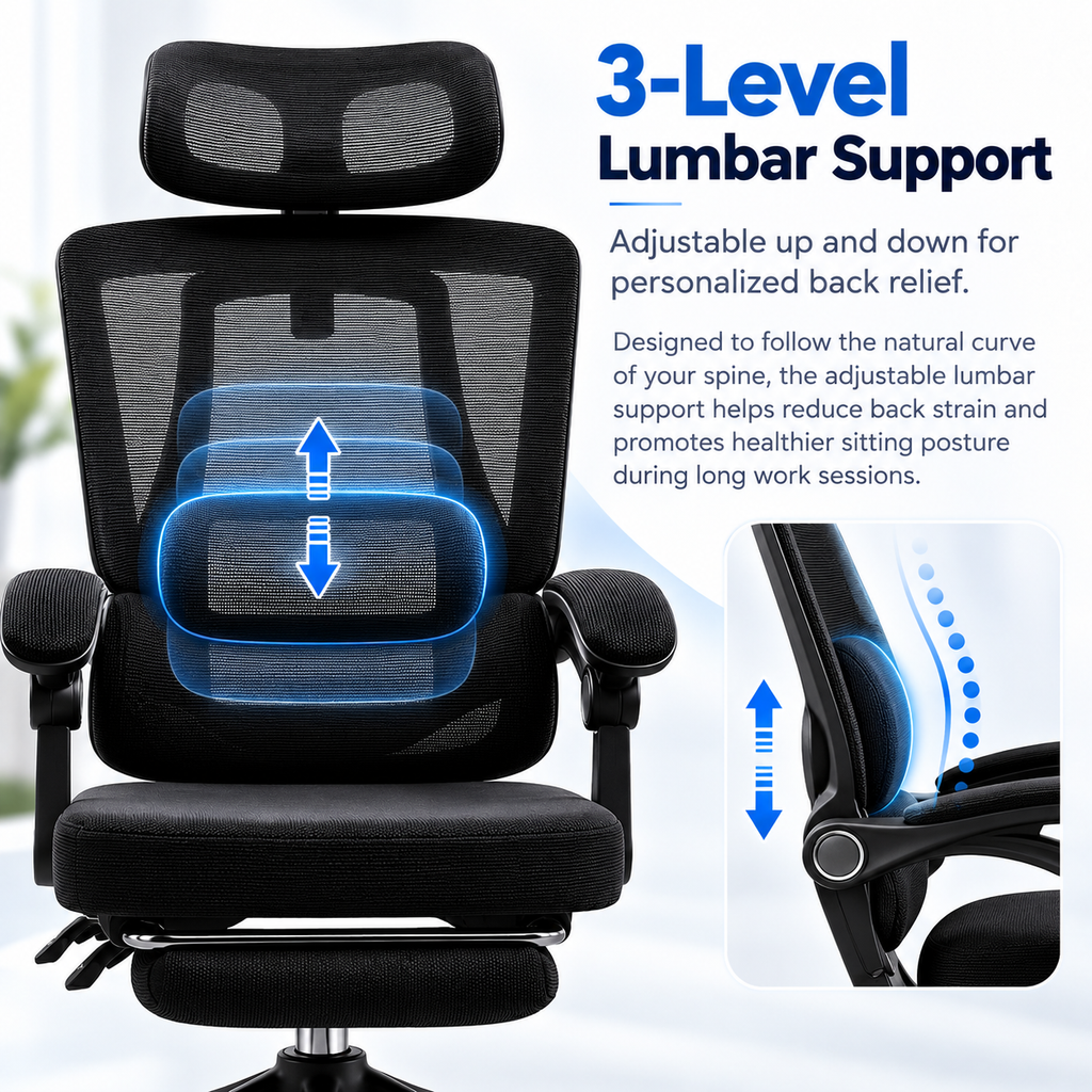 Furnny 8805 Ergonomic Office Chair with Footrest and 3-Level Adjustable Lumbar Support