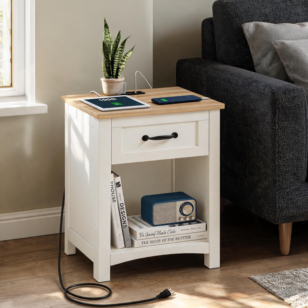 Furnny FSS2 Farmhouse Nightstands with Charging Station Beside Tables with Open storage