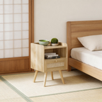 Furnny Rattan Nightstand with Charging Station Solid Wood Feet Beside Table for Bedroom/Living Room