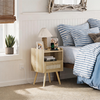Furnny Rattan Nightstand with Charging Station Solid Wood Feet Beside Table for Bedroom/Living Room
