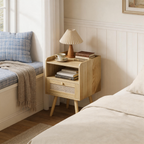Furnny Rattan Nightstand with Charging Station Solid Wood Feet Beside Table for Bedroom/Living Room