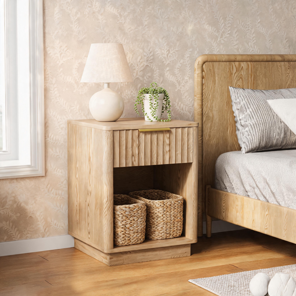 Furnny VSS1 Wood Nightstand with EU Charging Station Beside Table with OpenShelf