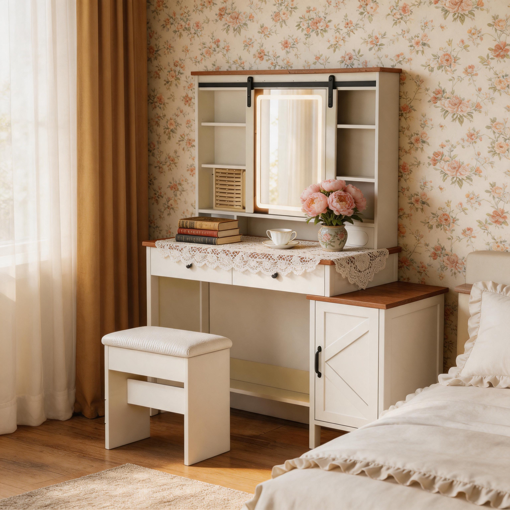Furnny FLC3 Farmhouse Makeup Vanity with Mirror and Lights, Stool, Charging Station