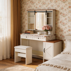 Furnny FLC3 Farmhouse Makeup Vanity with Mirror and Lights, Stool, Charging Station
