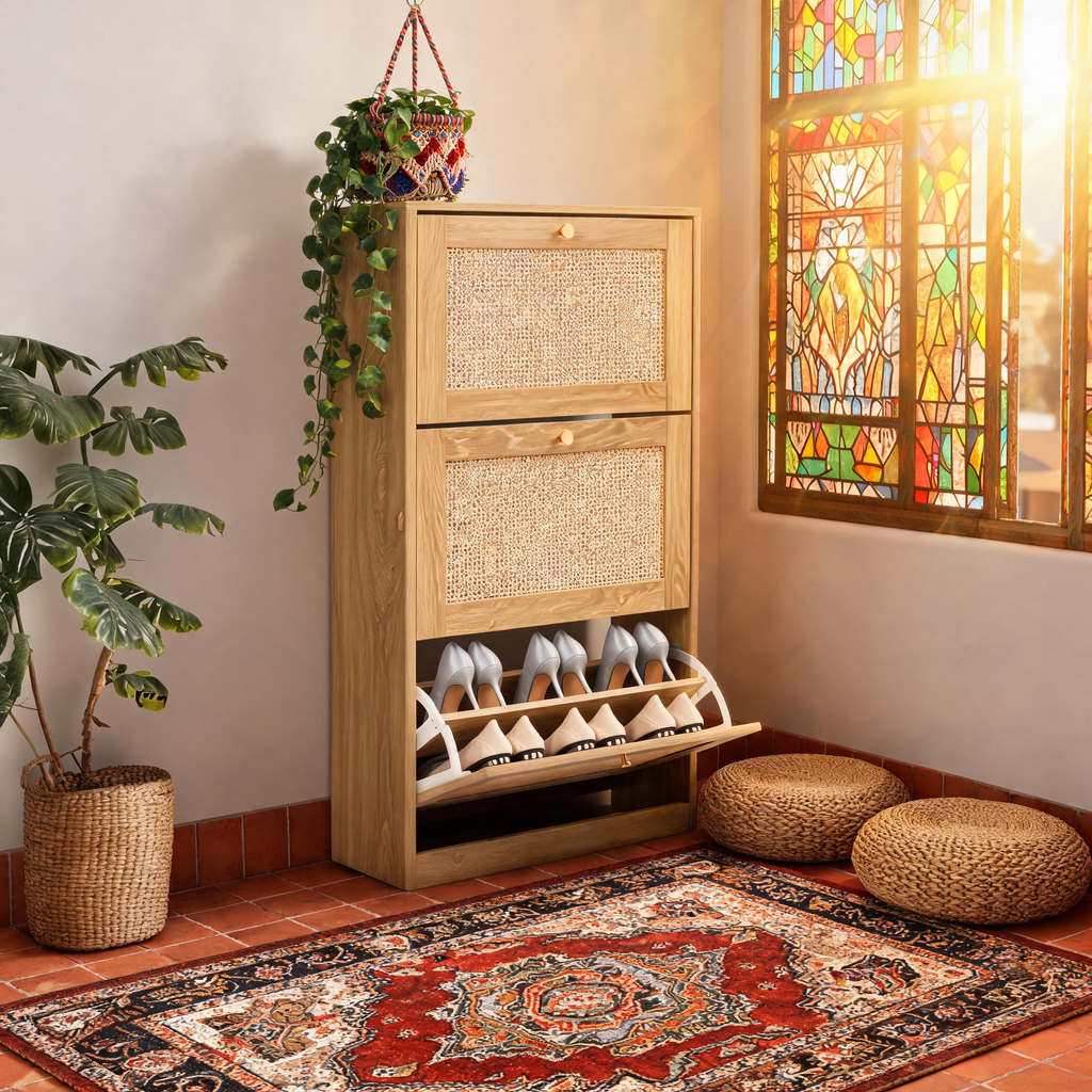 Furnny Rattan 3 Tier Shoe Cabinet with 3 Flip Drawers Adjustable Width Drawers
