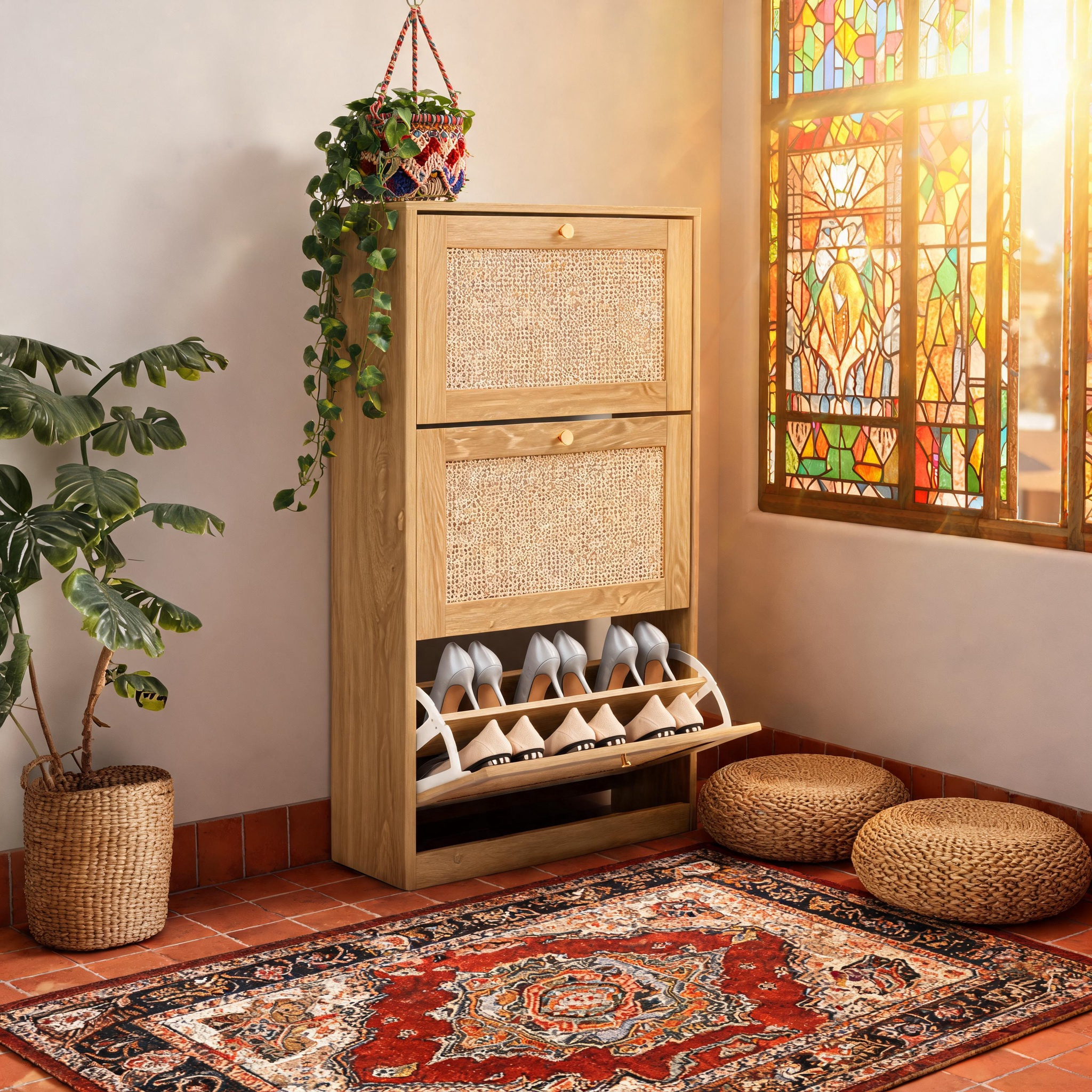 Furnny Rattan 3 Tier Shoe Cabinet with 3 Flip Drawers Adjustable Width Drawers