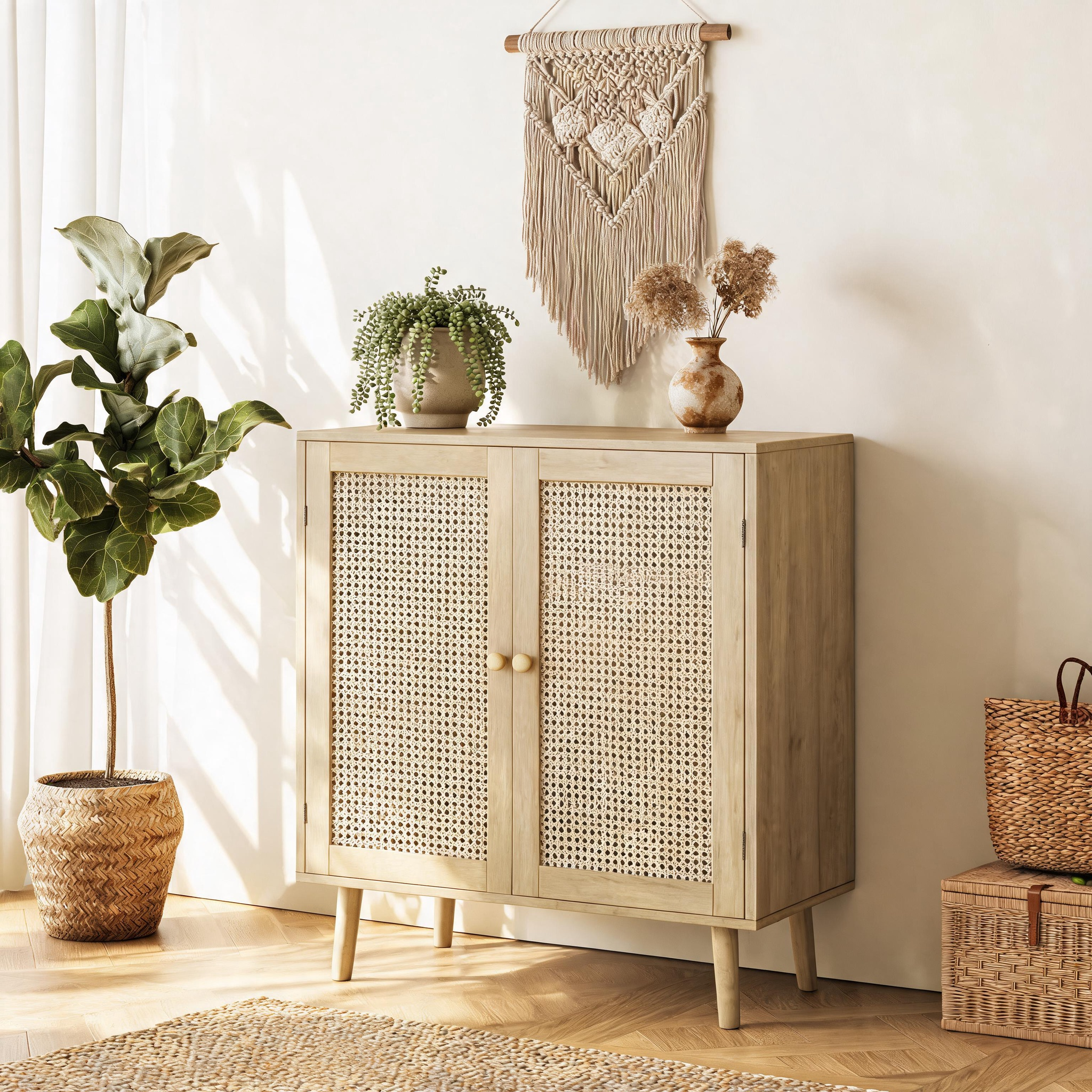 Furnny Rattan Cabinet with Storage Storage Cabinet with Rattan Decor Doors
